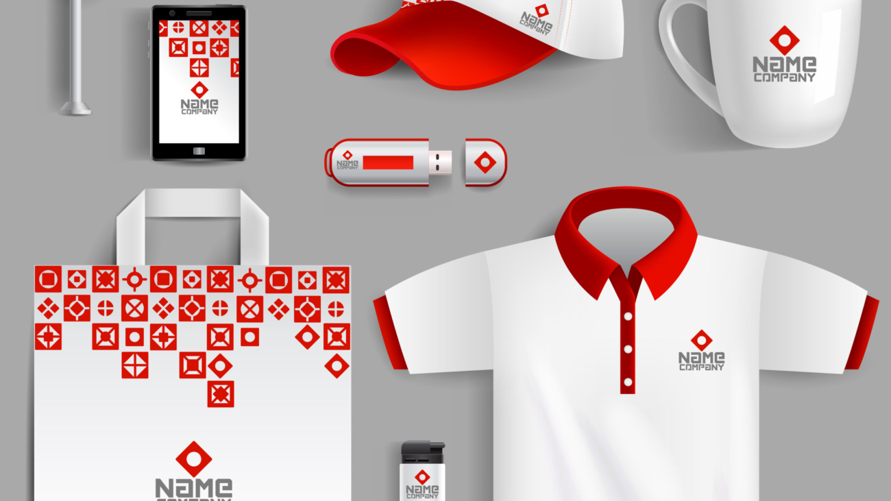 Corporate identity red set with realistic ad flag coffee mug paper bag isolated vector illustration