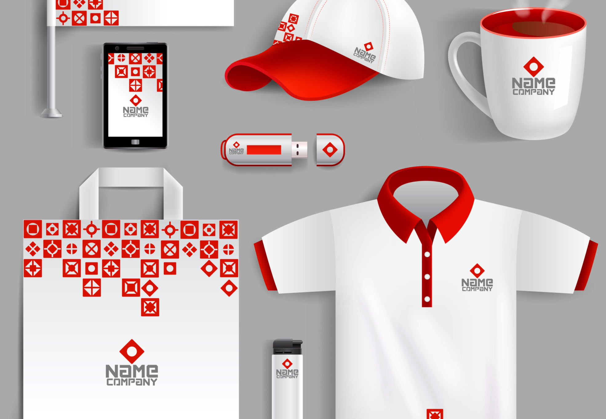 Corporate identity red set with realistic ad flag coffee mug paper bag isolated vector illustration